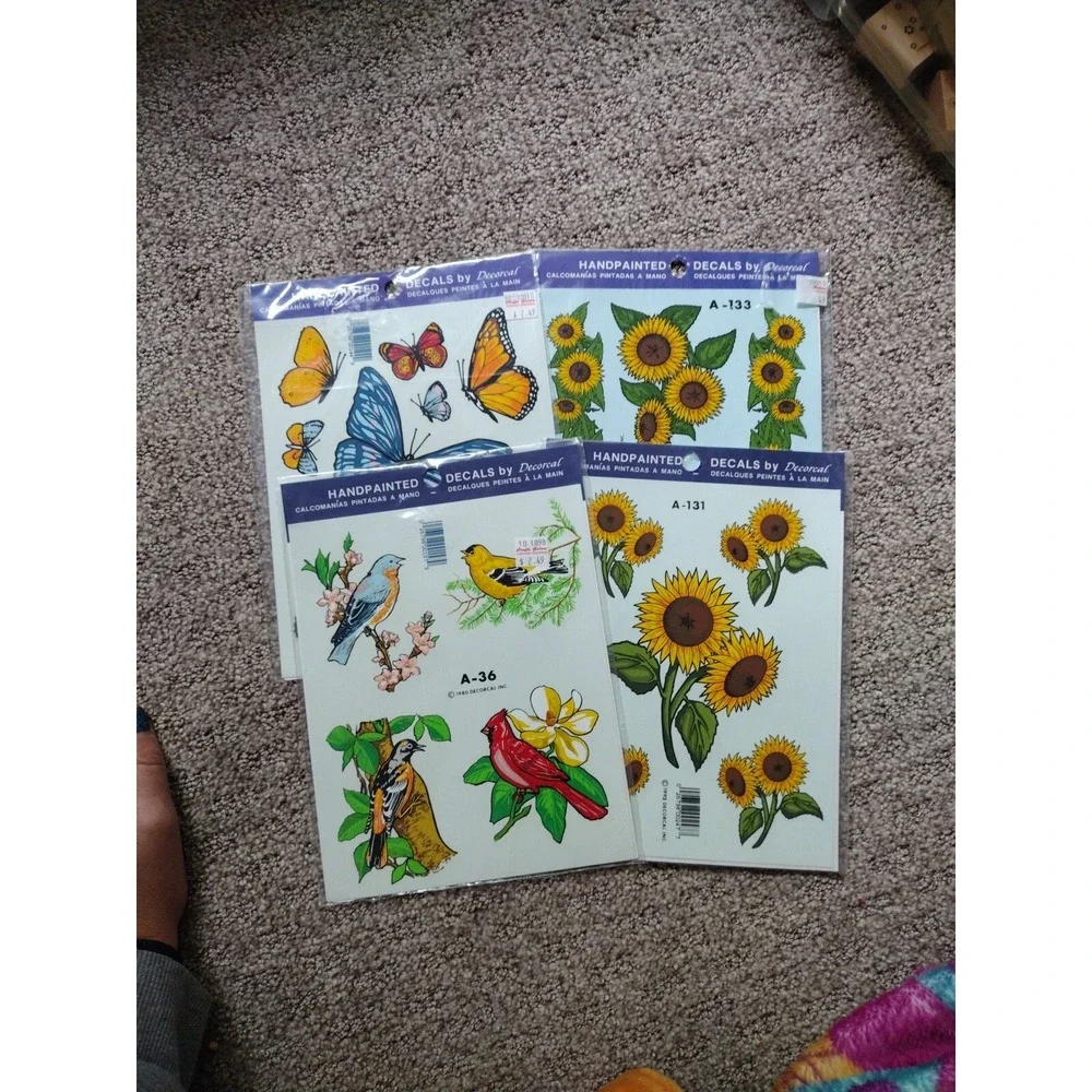 Lot of 4 Vtg Decorcal Inc Decals Hand Painted 1980's Birds Butterflies Sunflower